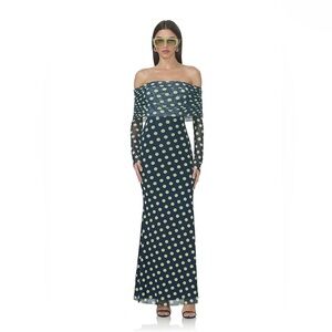 AFRM Polka Dot Thelma off the shoulder mesh dress.